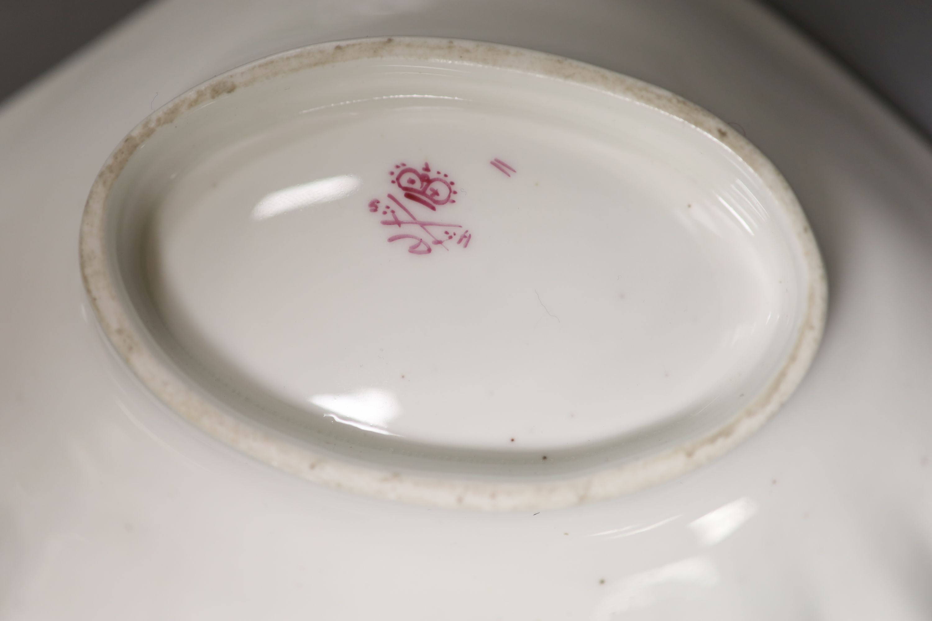 A Royal Crown Derby square shaped plate, painted with a yachting scene by WEJ Dean, and pair of Crown Derby scallop dishes